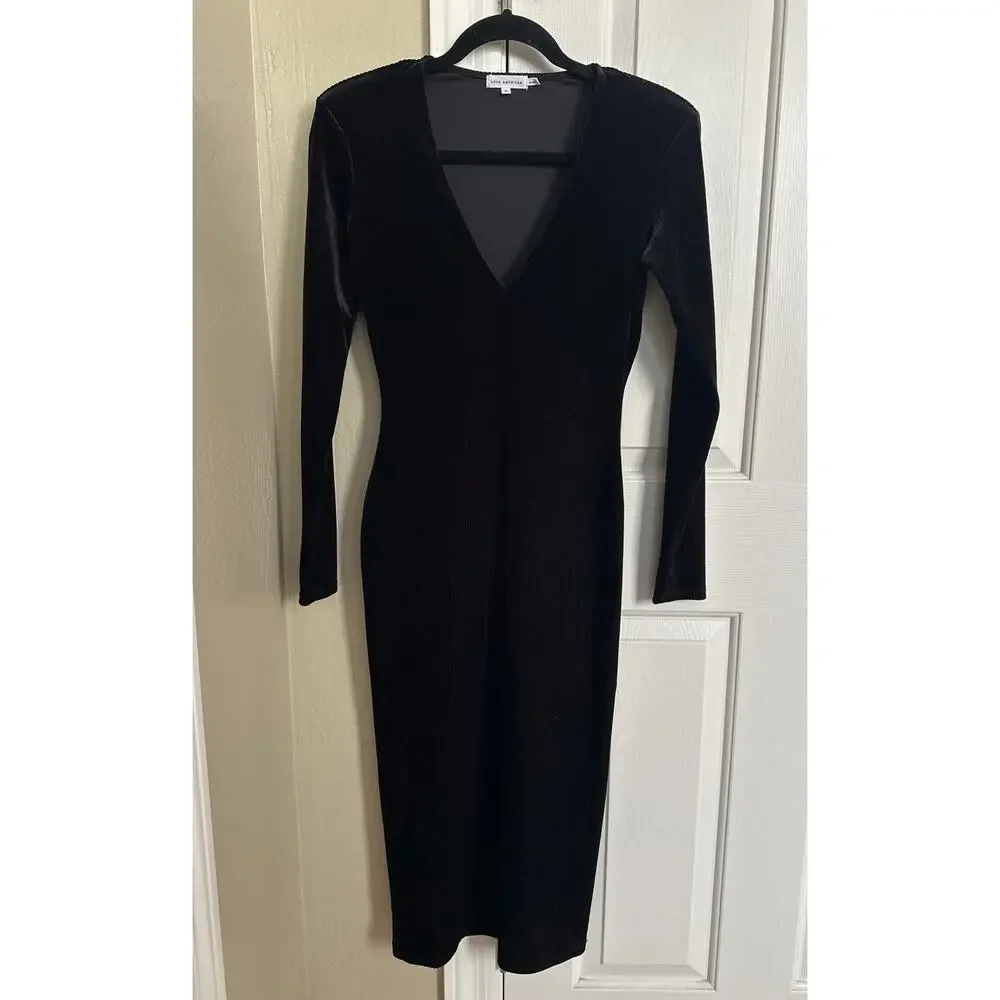Good American Black Velvet Midi Dress Ribbed Size 2 -‎ Medium